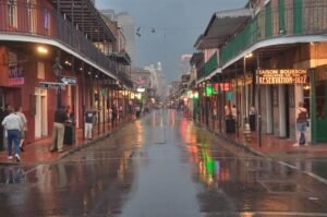 French Quarter balconies and street in the rain in New Orleans