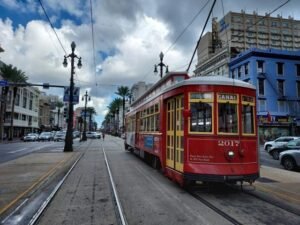 Streetcar traveling along Canal Street in New Orleans
