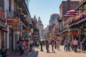 new orleans travel guide and a group of people walking down bourbon street