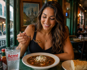 beautiful woman eating gumbo in French Quarter